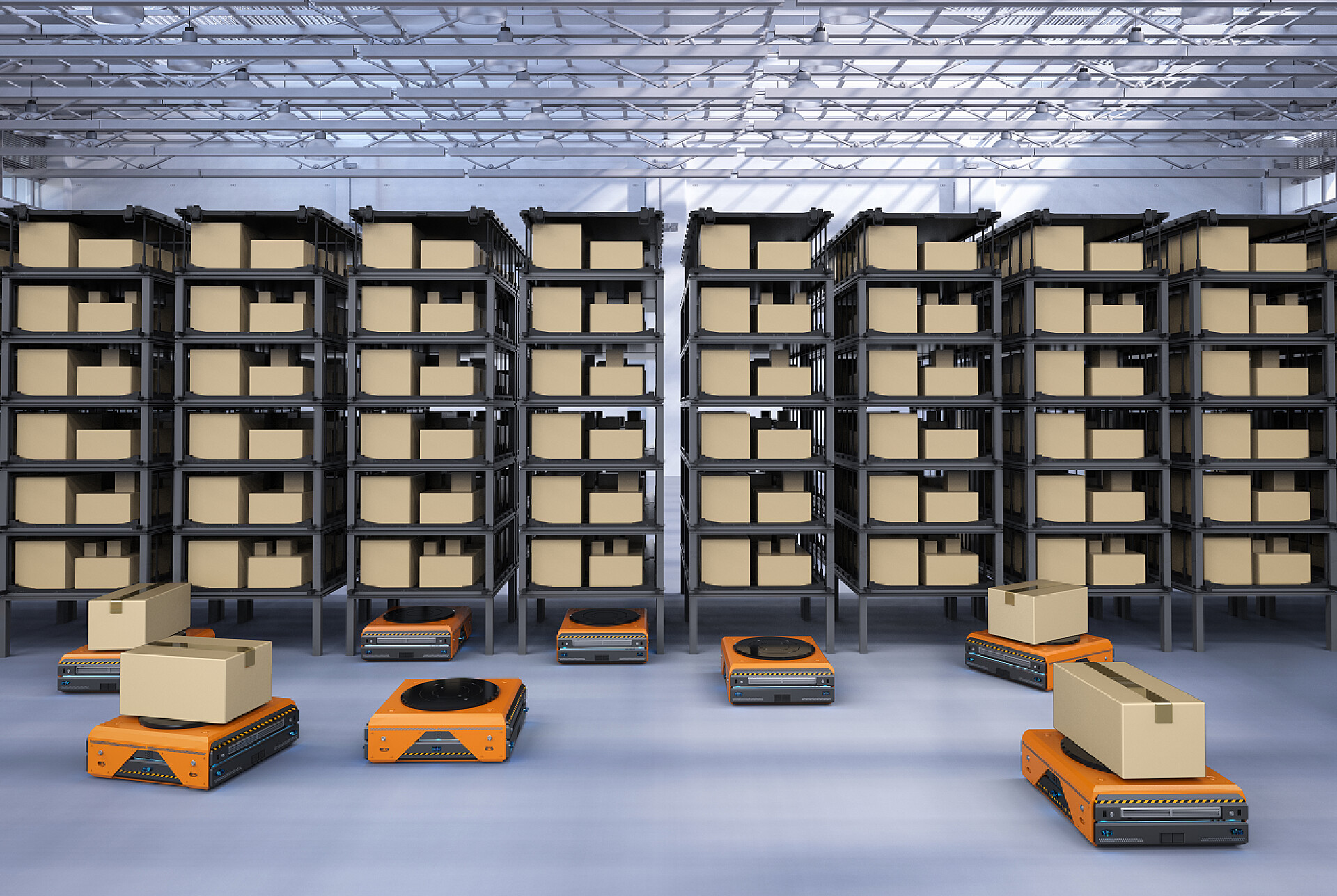 在工厂的仓库机器人3d. 在工厂工作的渲染仓库机器人