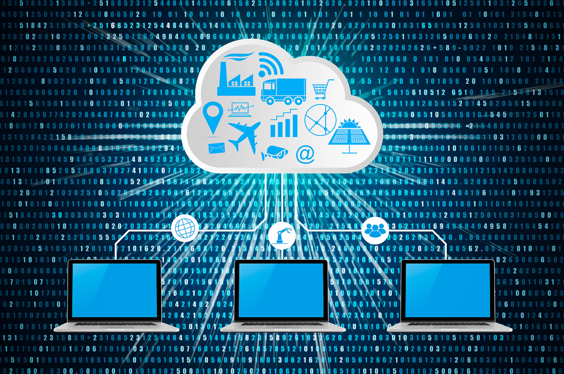 蓝色笔记本电脑技术背景云上的数字背景, 云计算的概念与抽象的蓝色技术背景。二进制计算机代码, 编程, 编码.