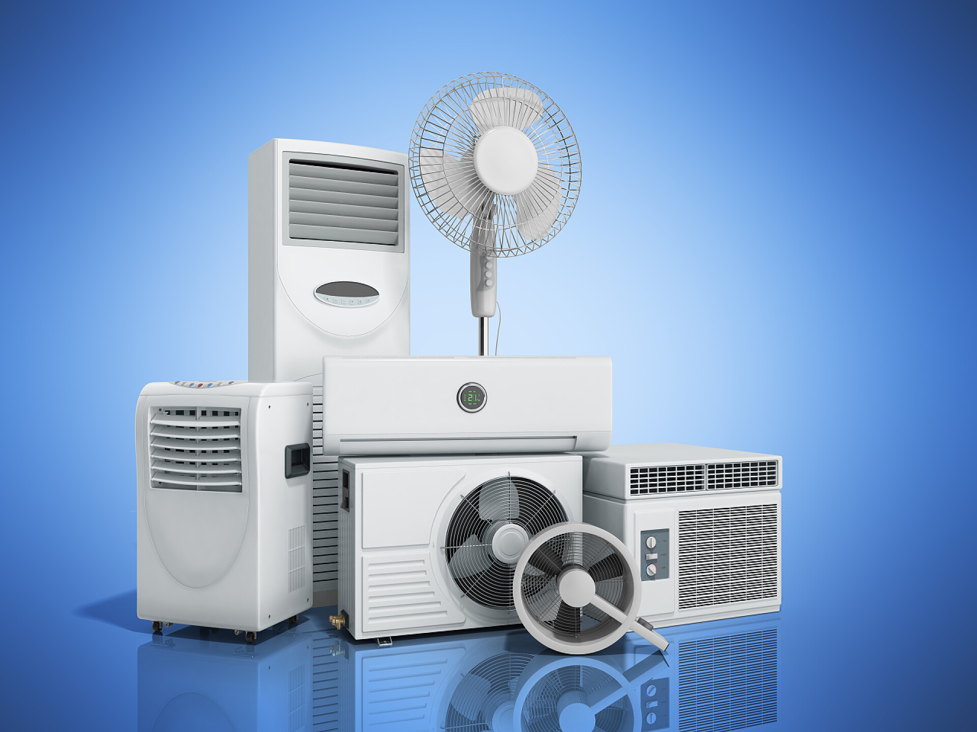 蓝色背景上的家电设备空调设备 3d rensder 蓝色背景