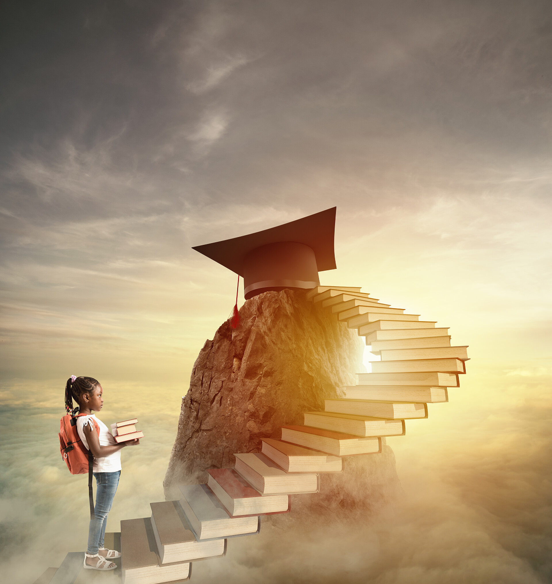 小女孩走向书本搭建的阶梯通过攀登书本的阶梯来追求声望的角色