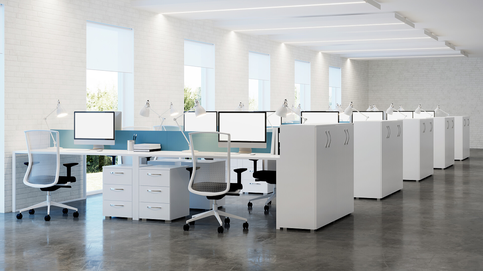 宽敞舒适的办公区域办公空间。开放空间。办公室设计。3d 渲染.