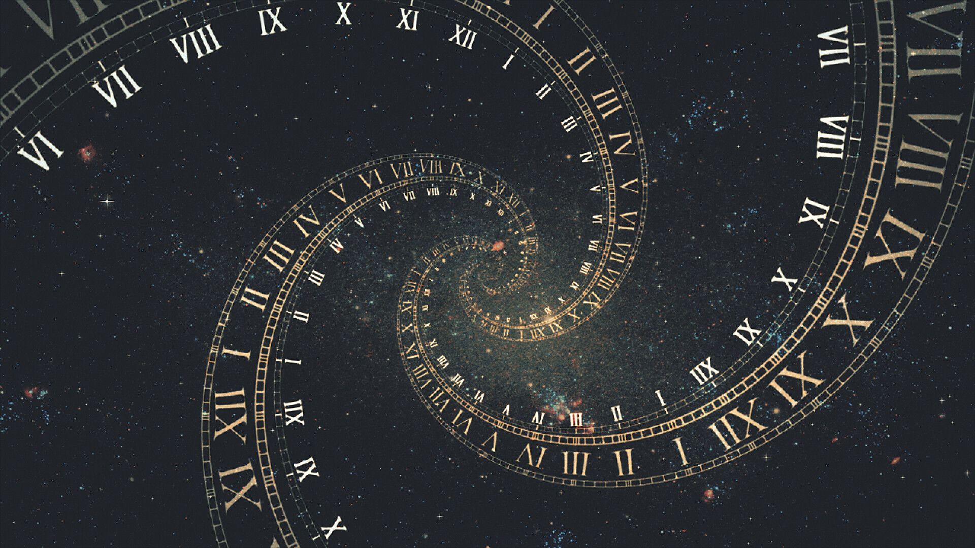 黑色背景上螺旋状的钟表时间空间的构成, 在罗马钟表的螺旋中的空间飞行3d 例证