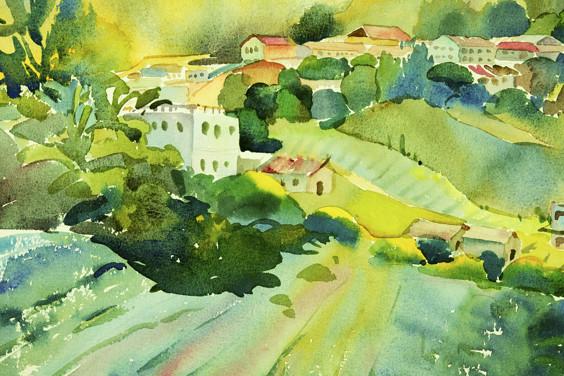 抽象水彩画的乡村景观抽象水彩画景观在纸上五颜六色的山上风景在美丽的夏季, 野生动物, 在早晨的背景。被绘的印象者, 例证图象.