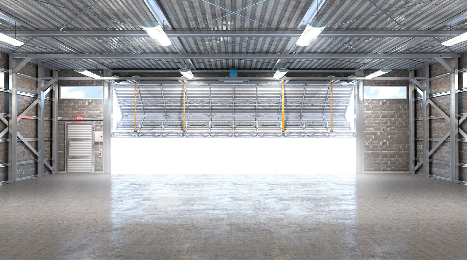 汽车机库内部特写3D图机库内部与打开的门。3d 插图