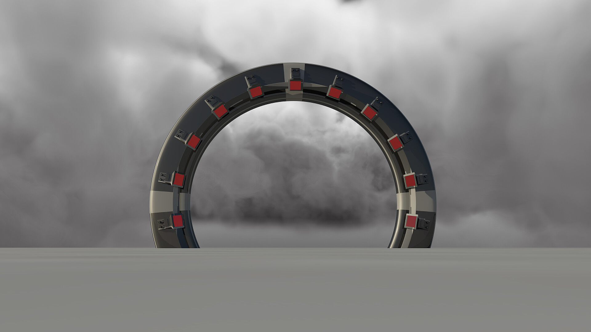 多云背景上的半圆设计太空之门 3d 渲染