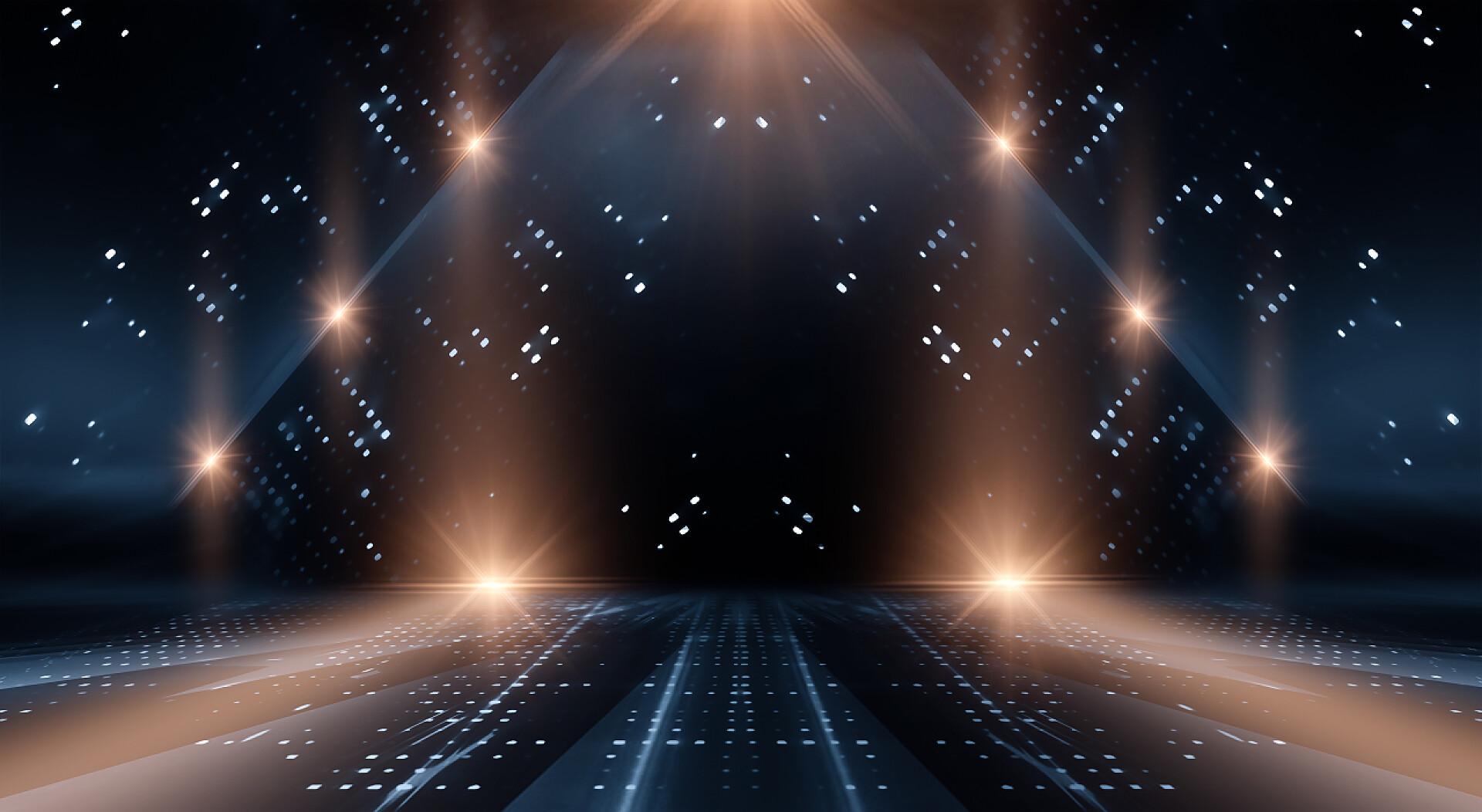 空旷表演场景的背景夜城的灯光空旷表演场景的背景. 空旷的现代抽象霓虹灯背景。 空荡荡的舞台上，霓虹灯的光芒，二极管，光芒和线条。 夜城的灯光.