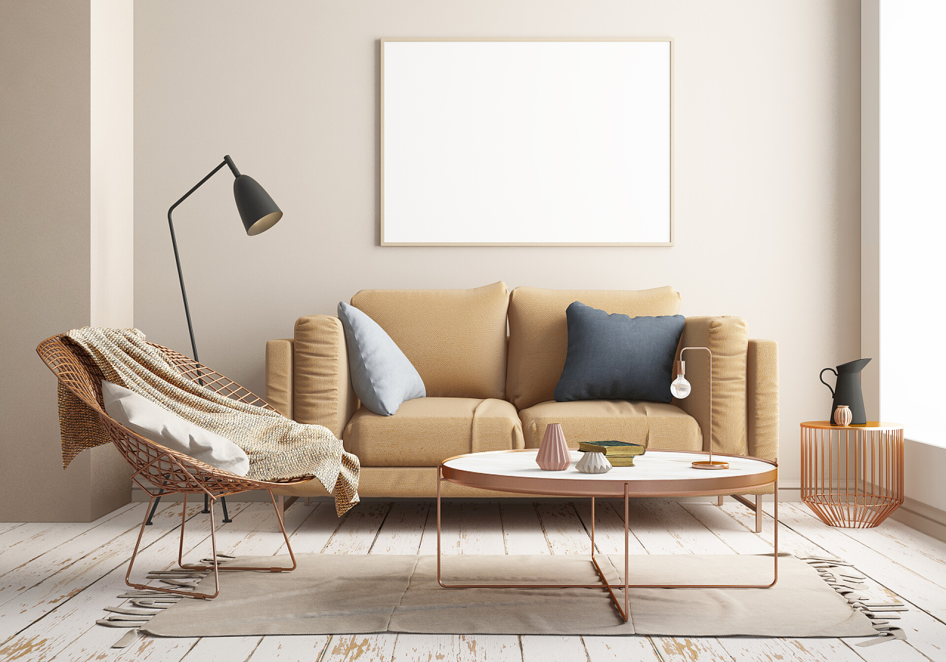 现代房屋简约装修设计斯堪的纳维亚风格的现代房屋内部彩色3D渲染