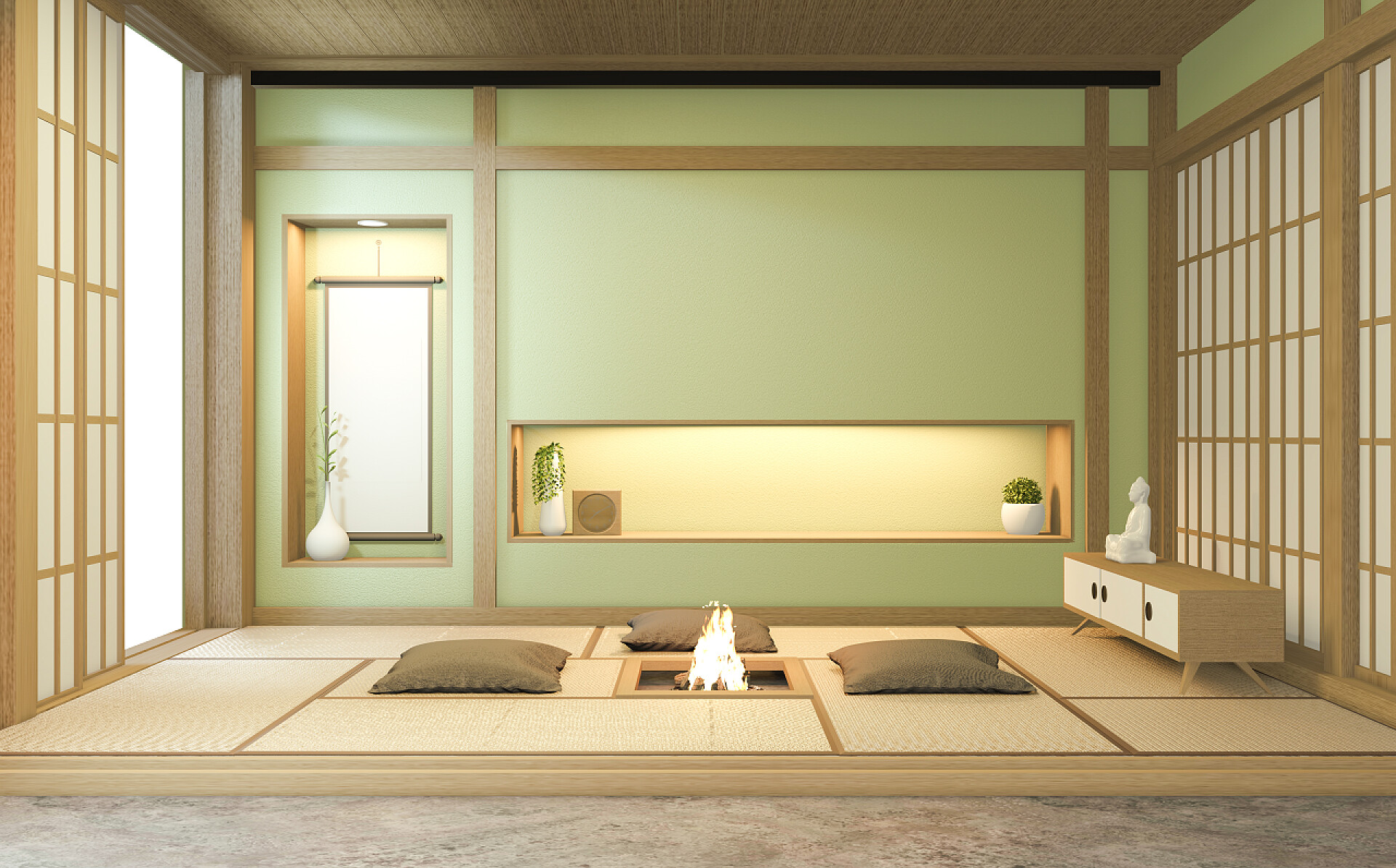 现代样板房日系风格尼宏绿色室内设计与门纸和橱柜架子墙壁的折叠式垫子地板房日本风格。3D渲染