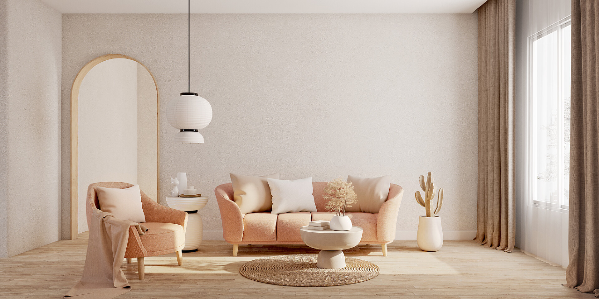 室内客厅全景展示图客厅。沙发和米色的扶手椅。 3D渲染