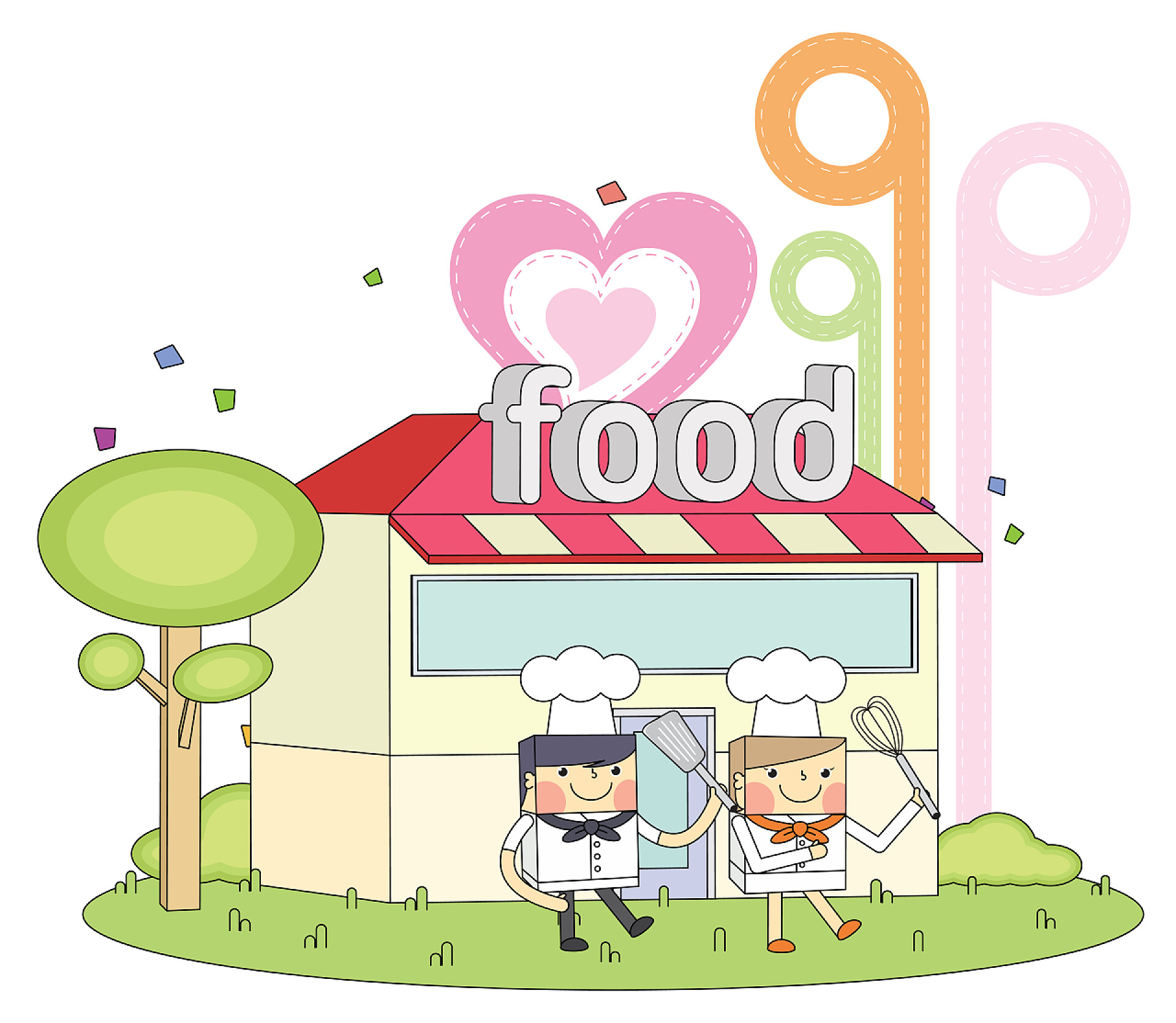 白色背景餐厅外观展示卡通图