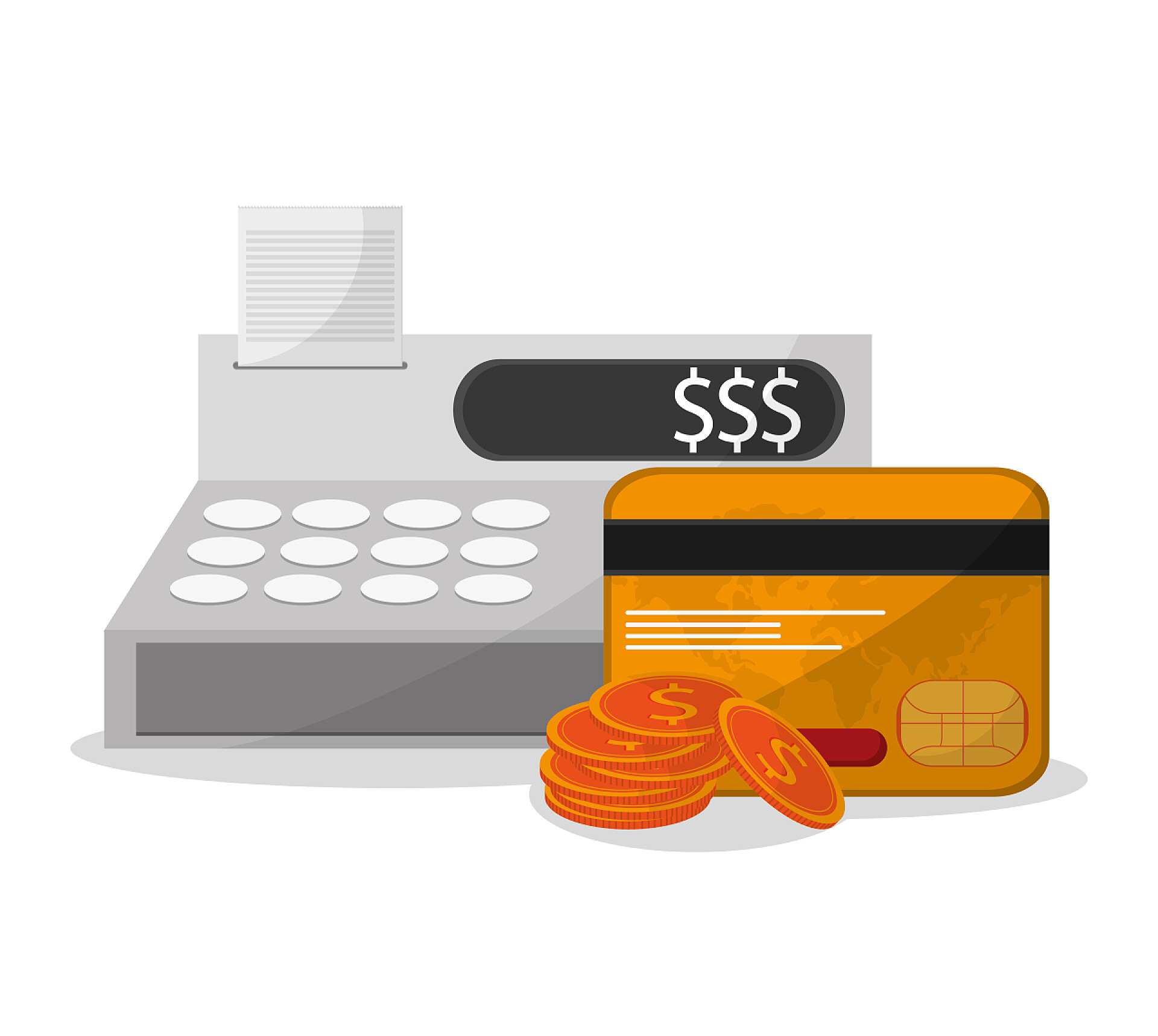 白色背景收银机硬币和信用卡图标