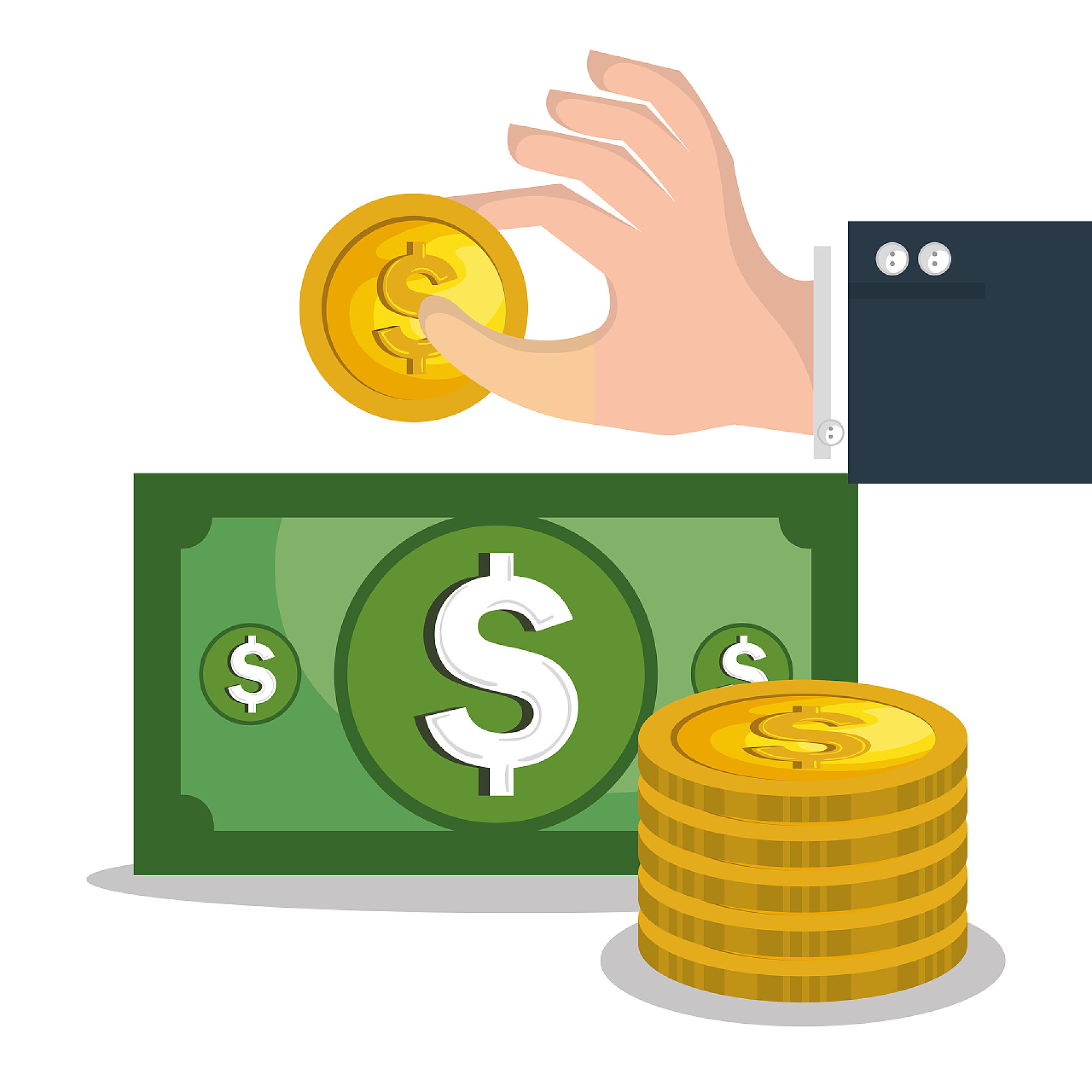 白色背景一只拿着金币的手和一张纸币几个金币