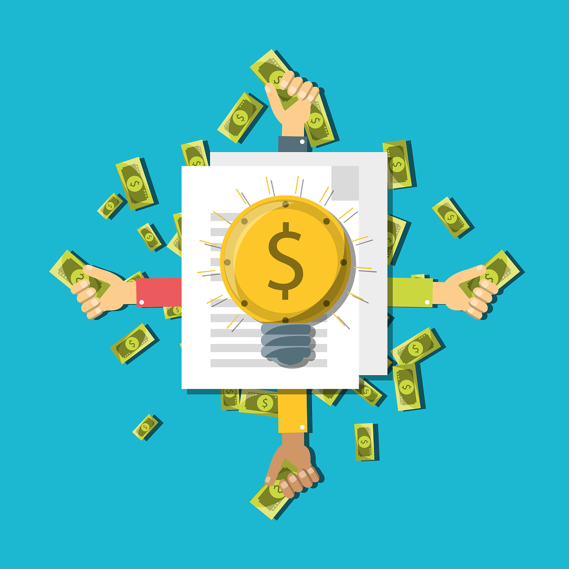 蓝色背景四只抓纸币的手