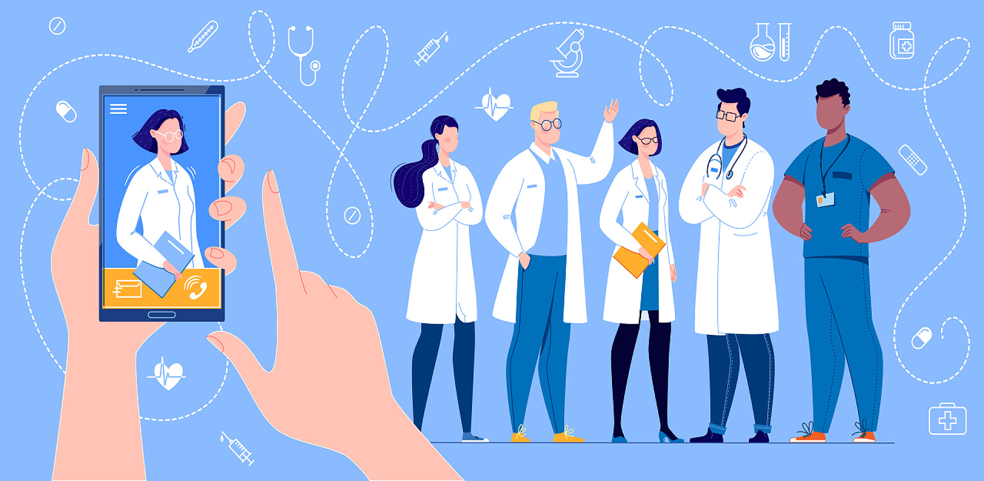 蓝色背景五个医生和一个在屏幕上的医生