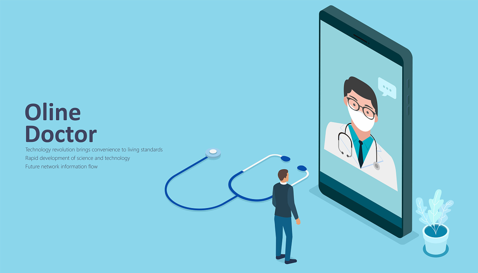 蓝色背景一个人在和手机里的医生交流