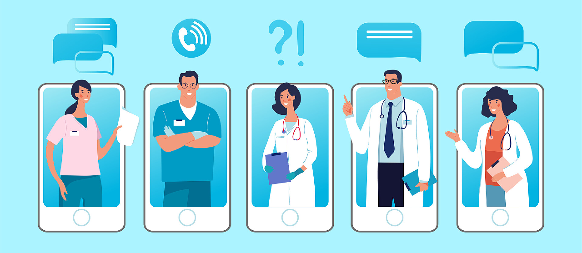 蓝色背景五个手机屏幕都是医生