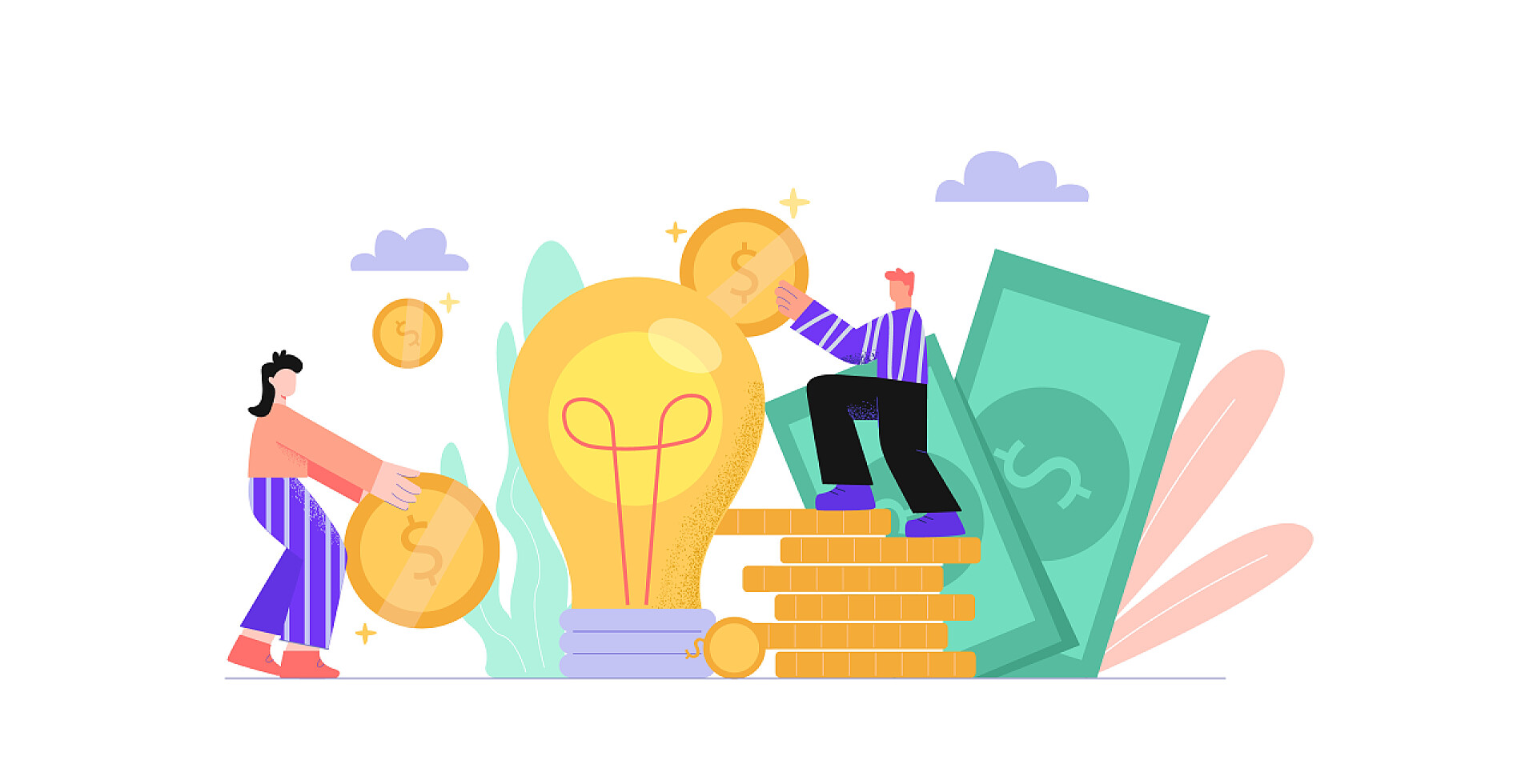 白色背景两个拿着金币的人筹资插画