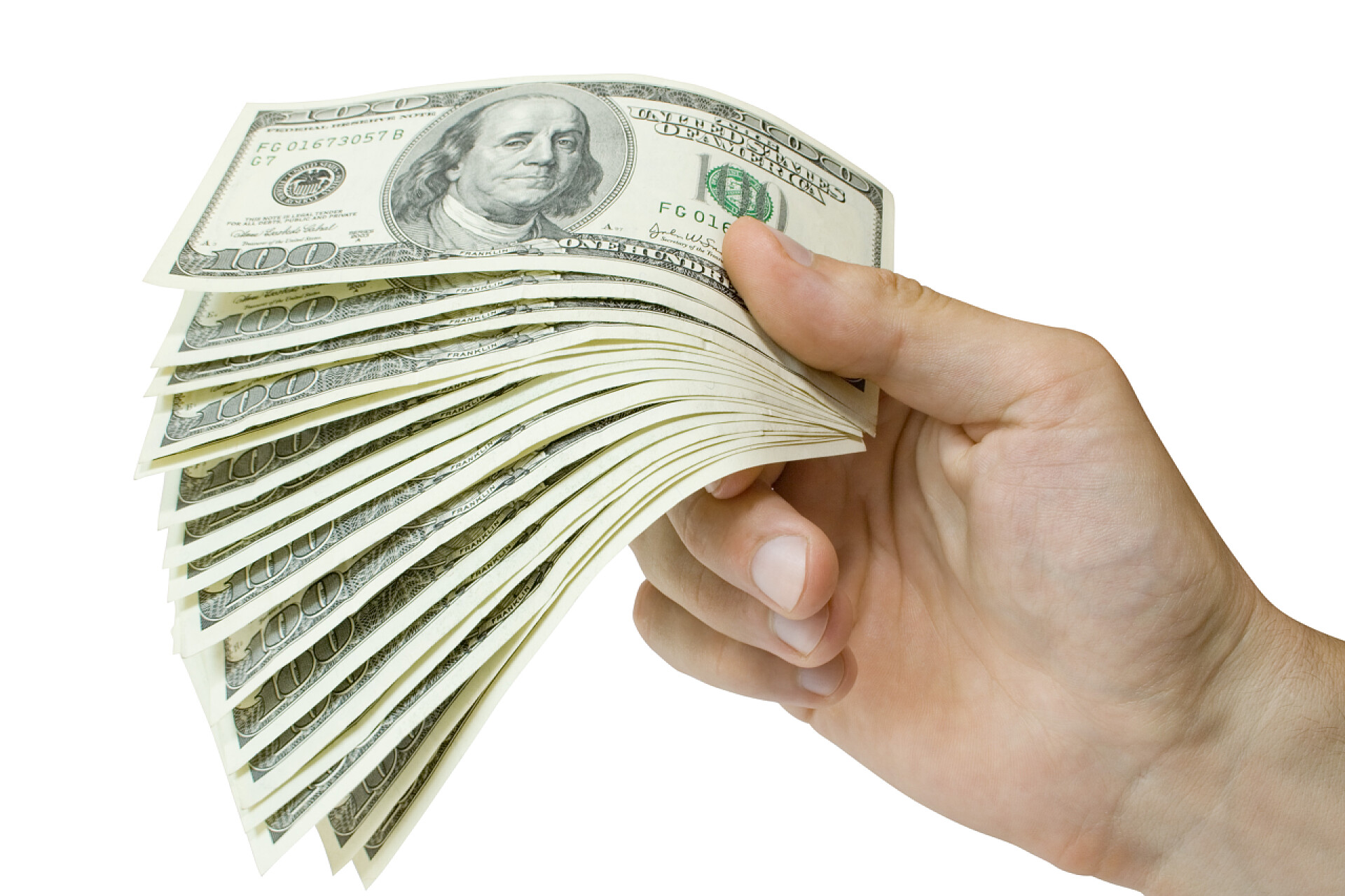 白色背景一只手拿着钞票