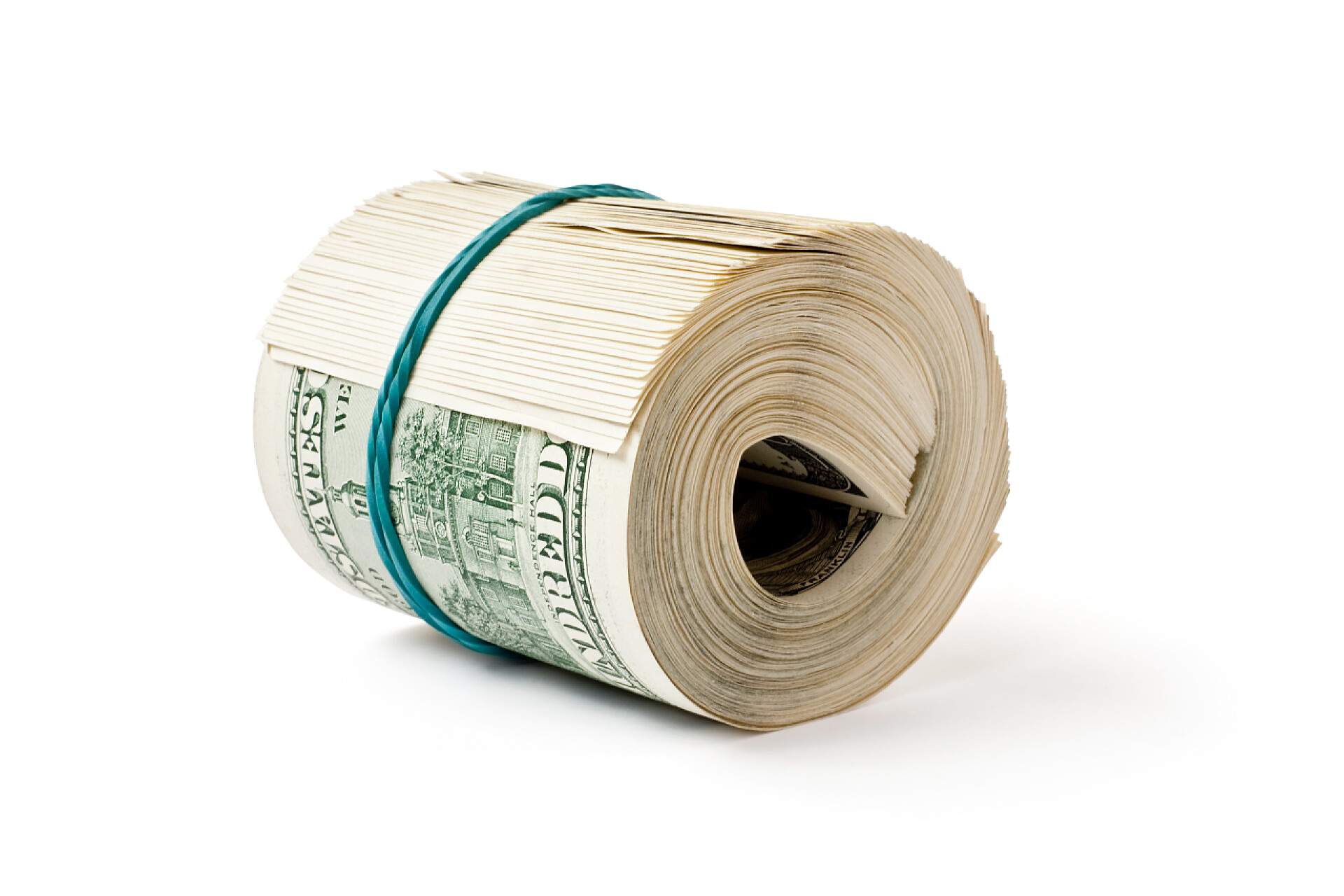 白色背景上一卷纸币