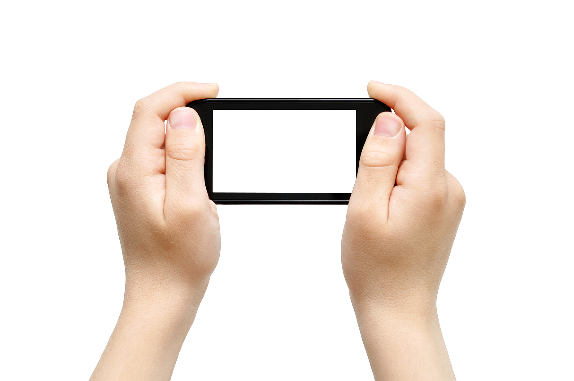 白色背景上一双手拿着模型手机持有智能手机，玩游戏