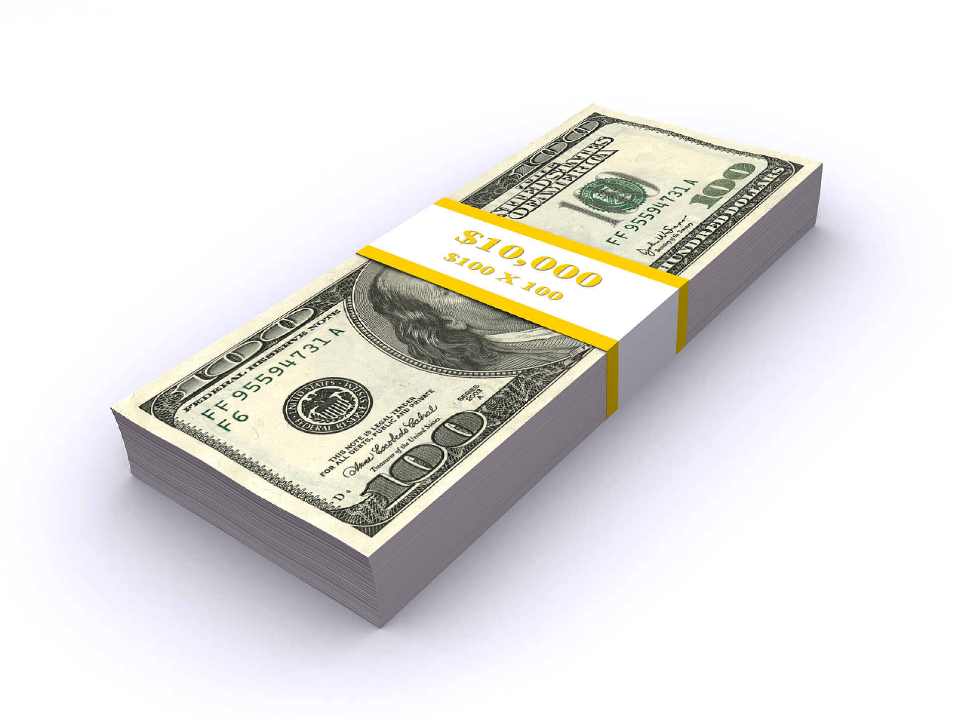 白色背景上一捆百元大钞100 堆栈