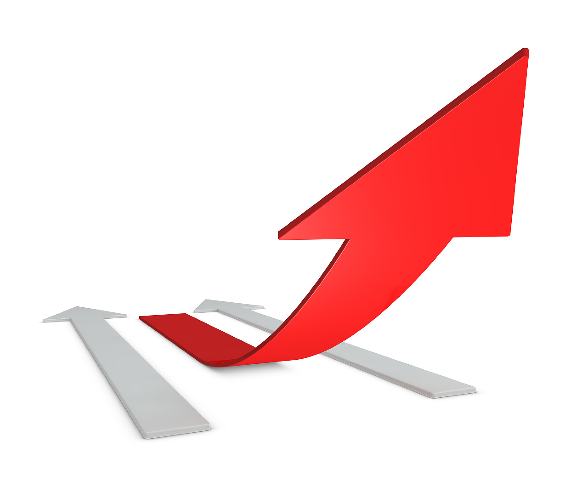 白色背景上上升的红色箭头通向成功的道路