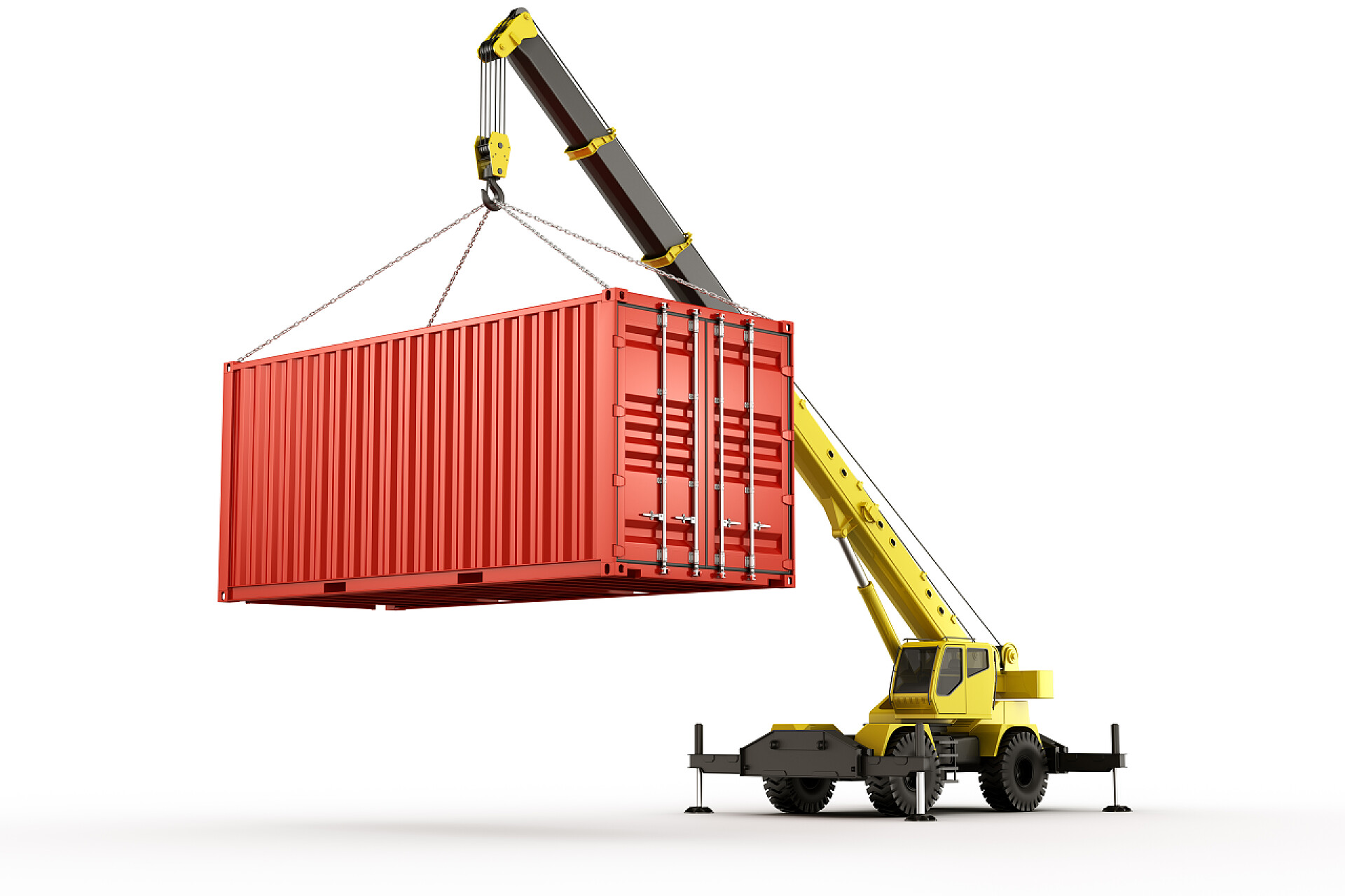 白色背景上的吊车吊起集装箱船舶集装箱