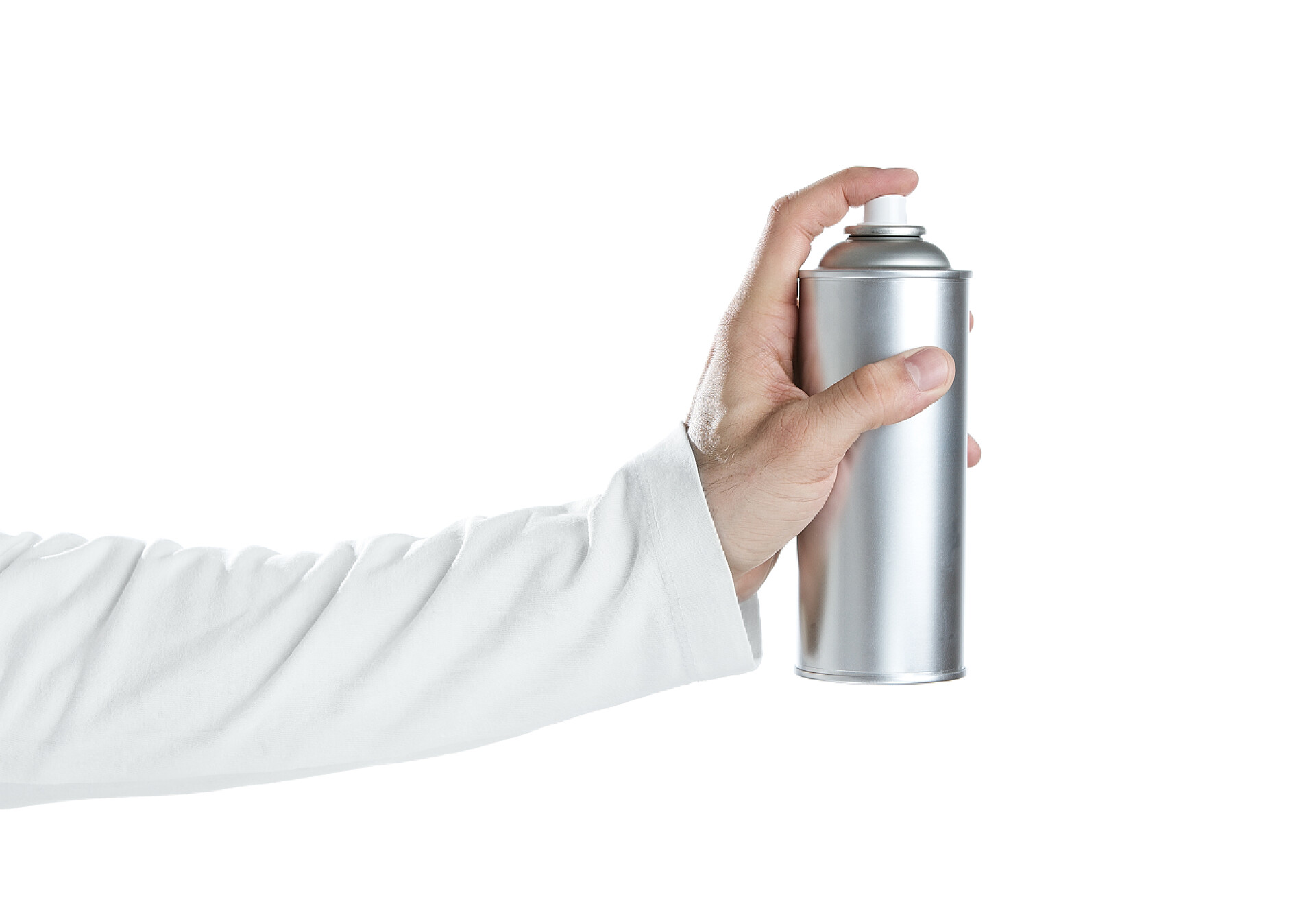 用手在白色背景下按压喷气头人类的手控股喷漆