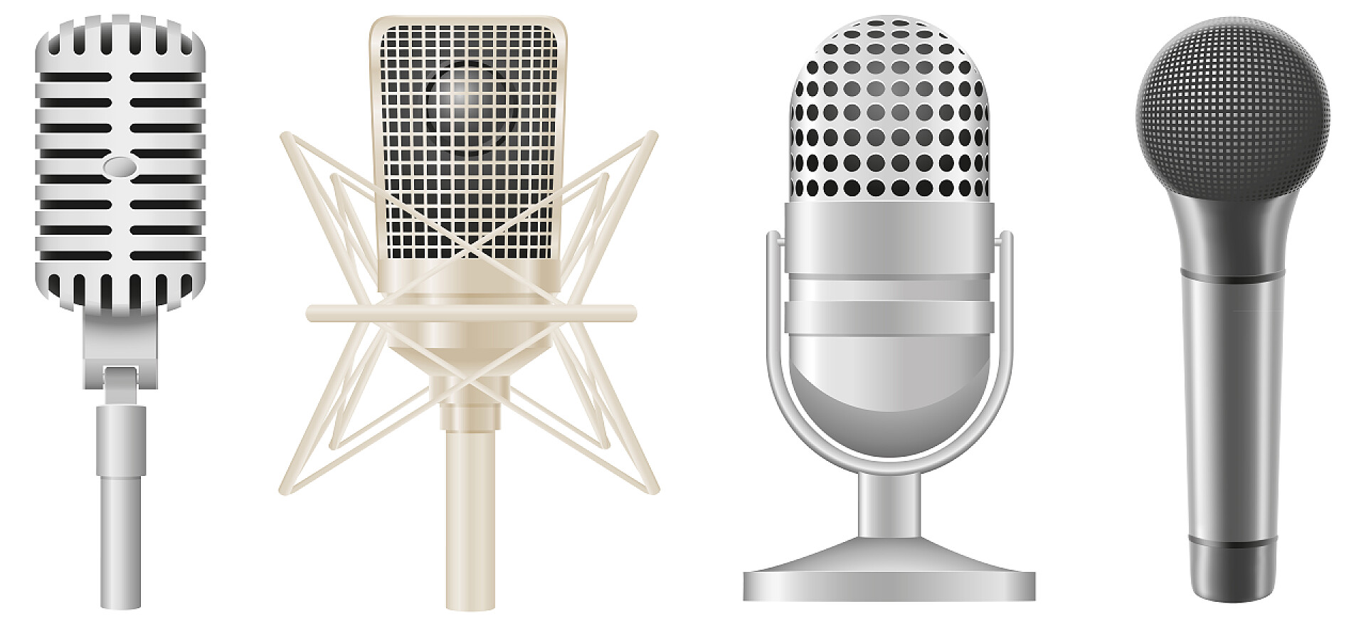 白色背景上的不同的麦克风图标集的麦克风图