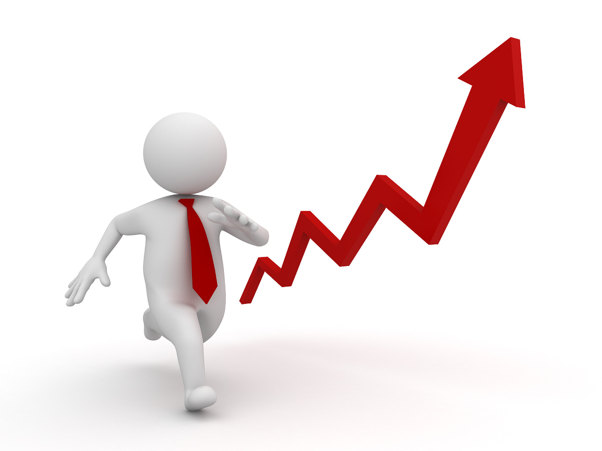 白色背景上的3D人物和红色向上箭头3d 运行商人与红色上升箭头在白色背景