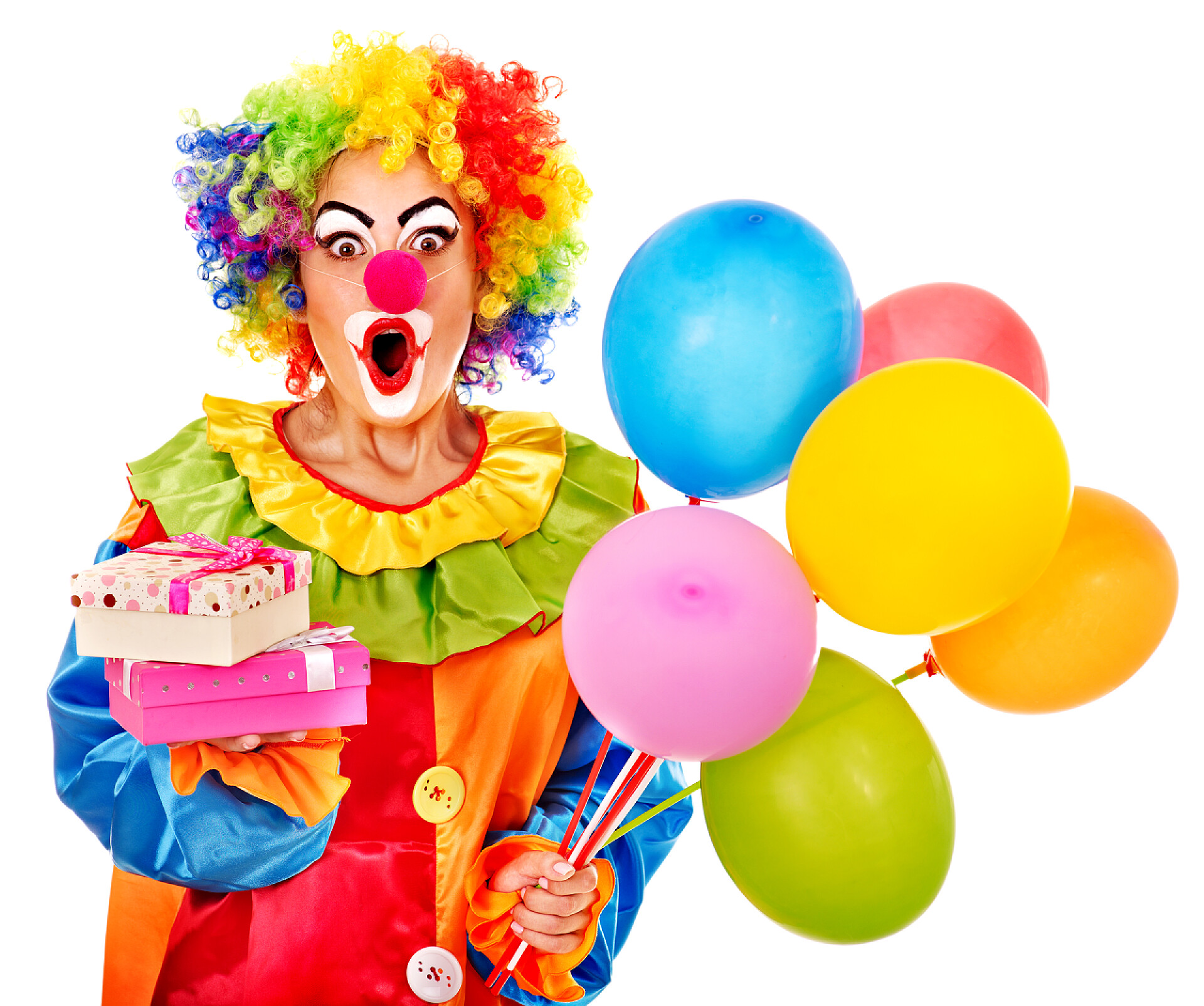 拿着五颜六色气球的小丑porträtt av clown.