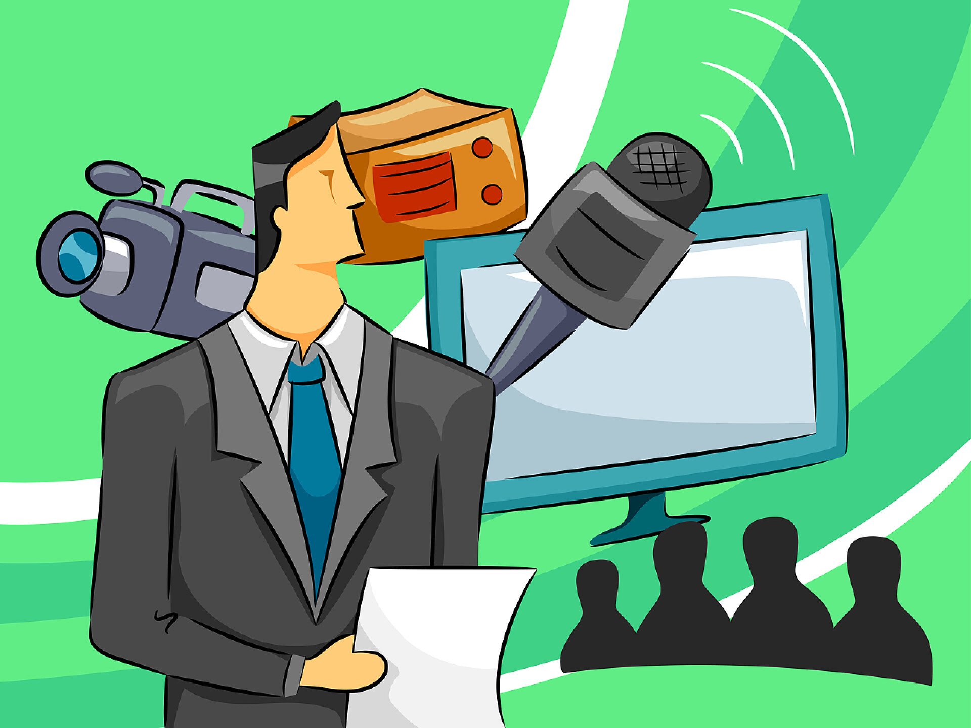 被播音设备包围的男播音员广播机构的家伙