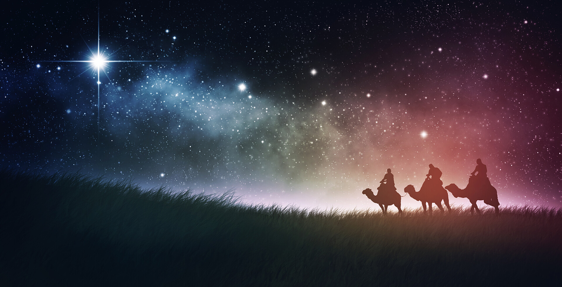 三个人骑着骆驼在星空背景中行走三个聪明人