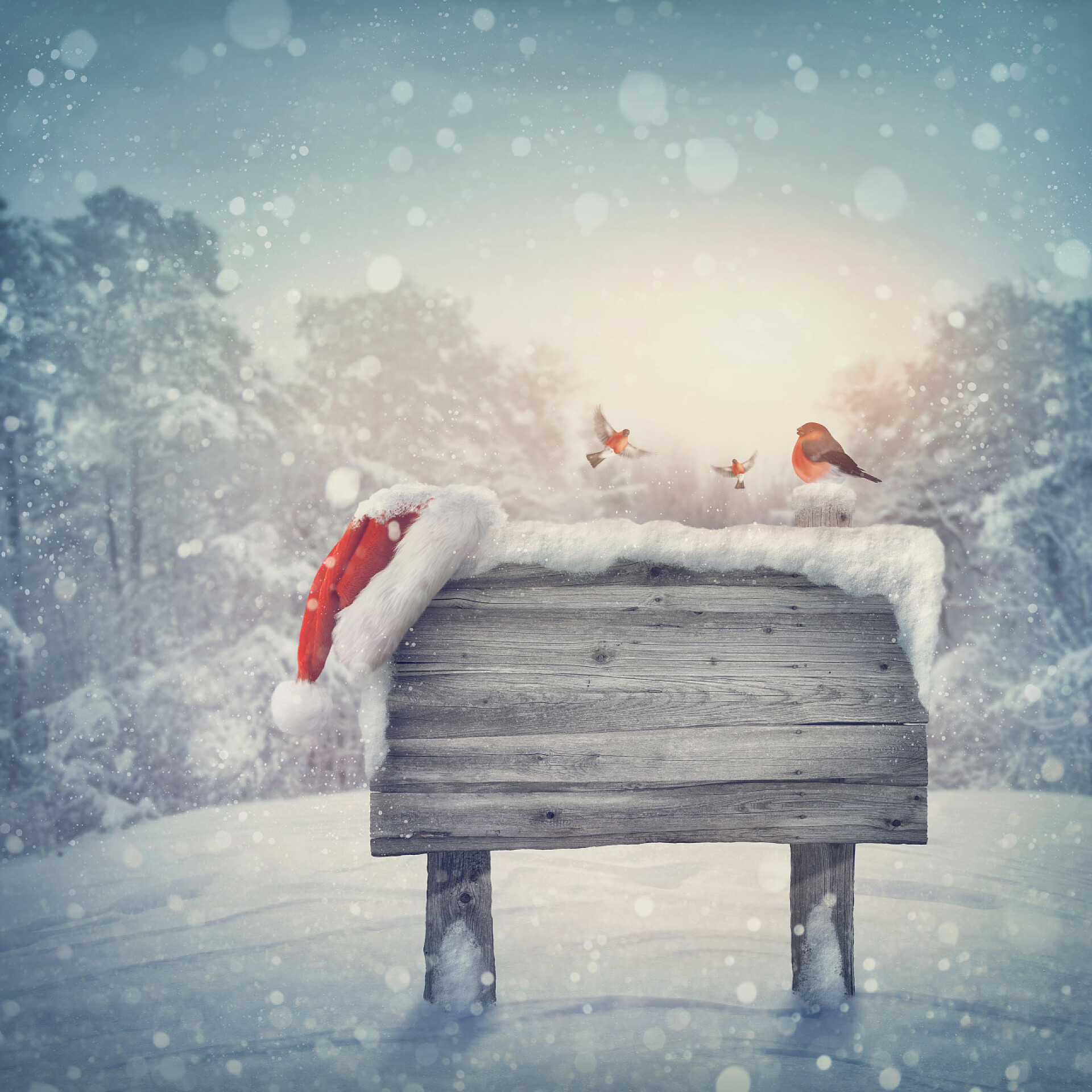 木头凳子上的圣诞帽子在冬季森林木签