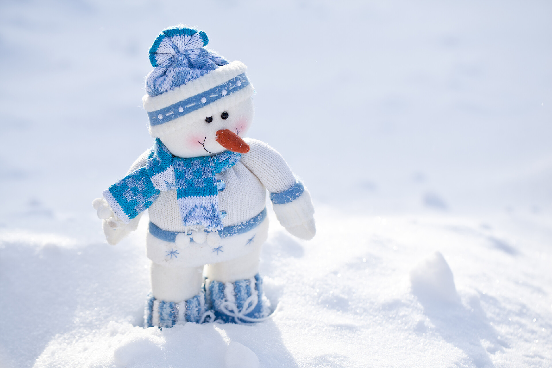 雪地里的穿着衣服的小雪人在雪中的胡萝卜鼻子小雪人.