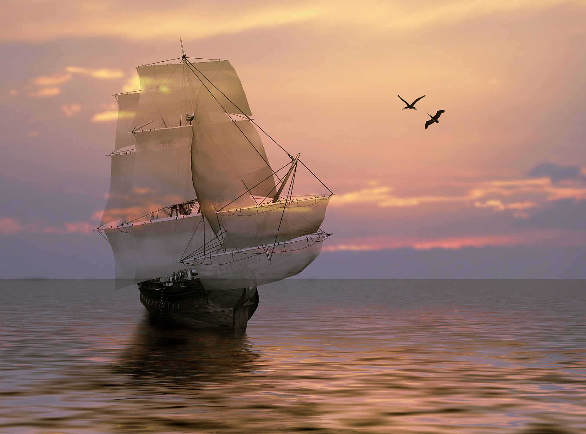 黄昏下的湖面上的一个帆船海上帆船