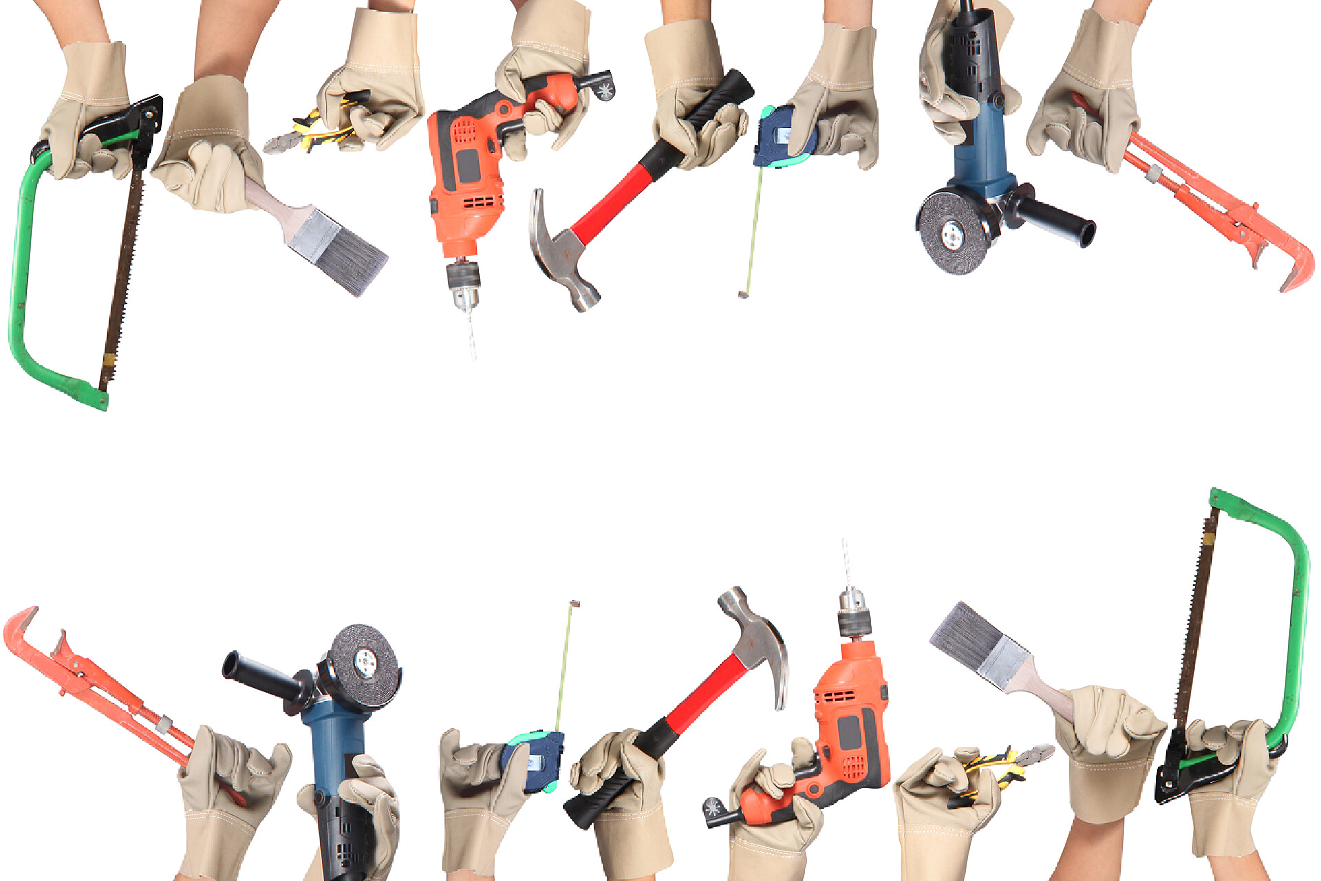 白色背景上拿着不同工具的手在一座房子的形状工具的选择