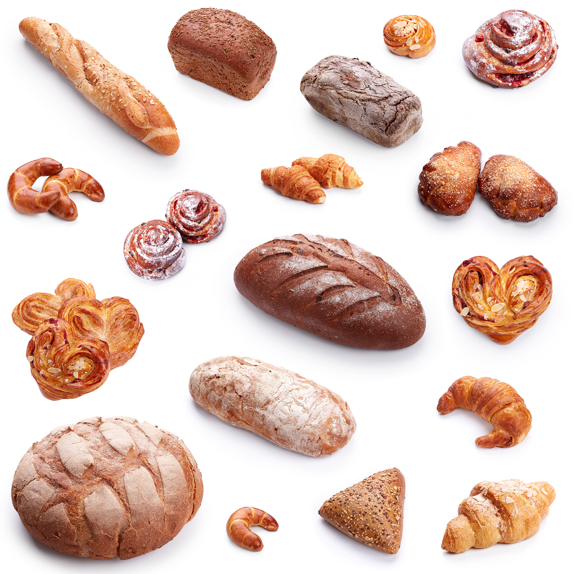 白色背景中各种各样的面包面包和馒头
