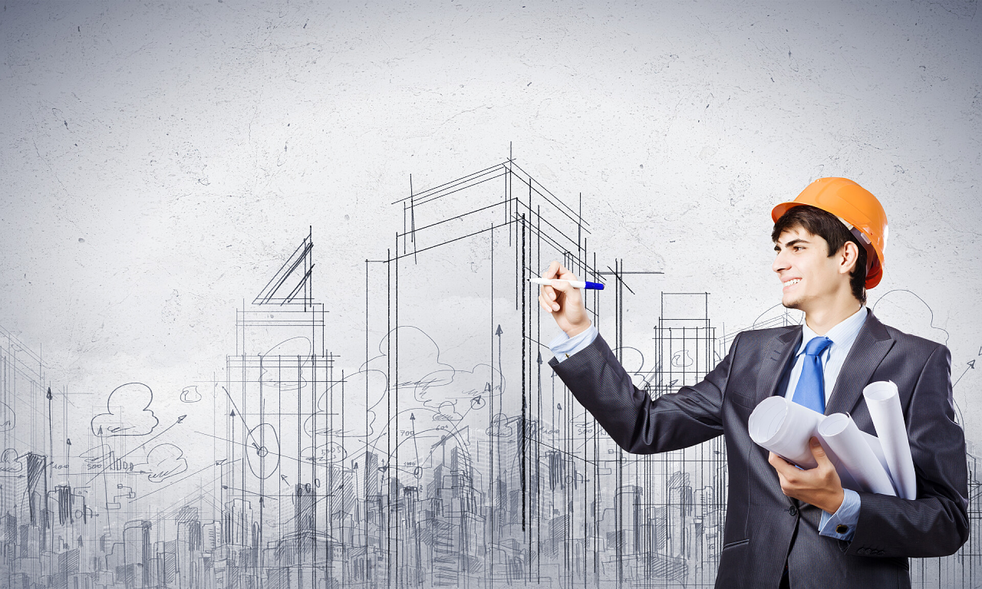 一个正在构思的年轻建筑师工程师绘制草图的建设项目