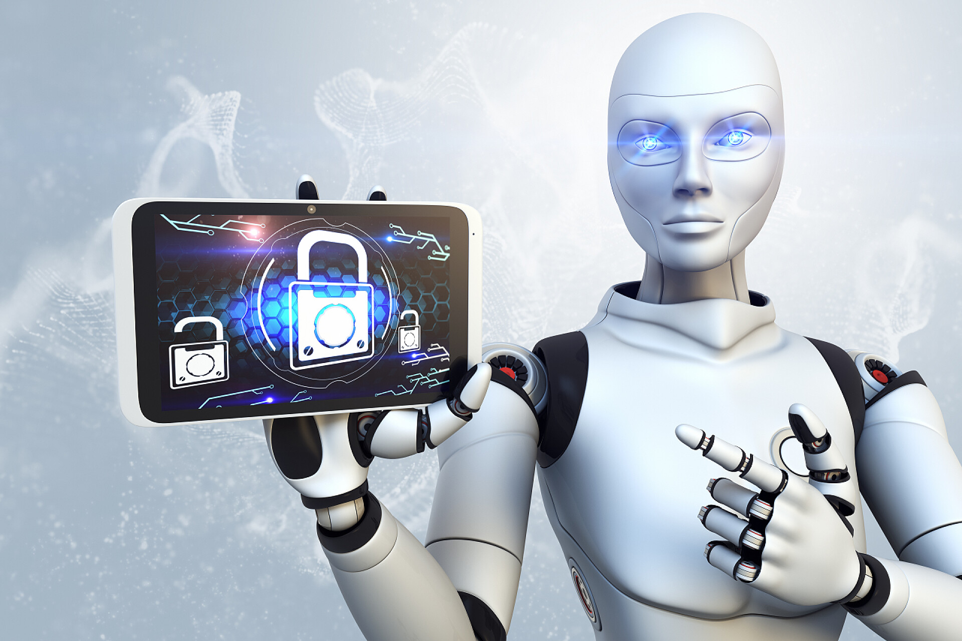 机器人拿着手机安卓系统拥有一款平板电脑在它的手