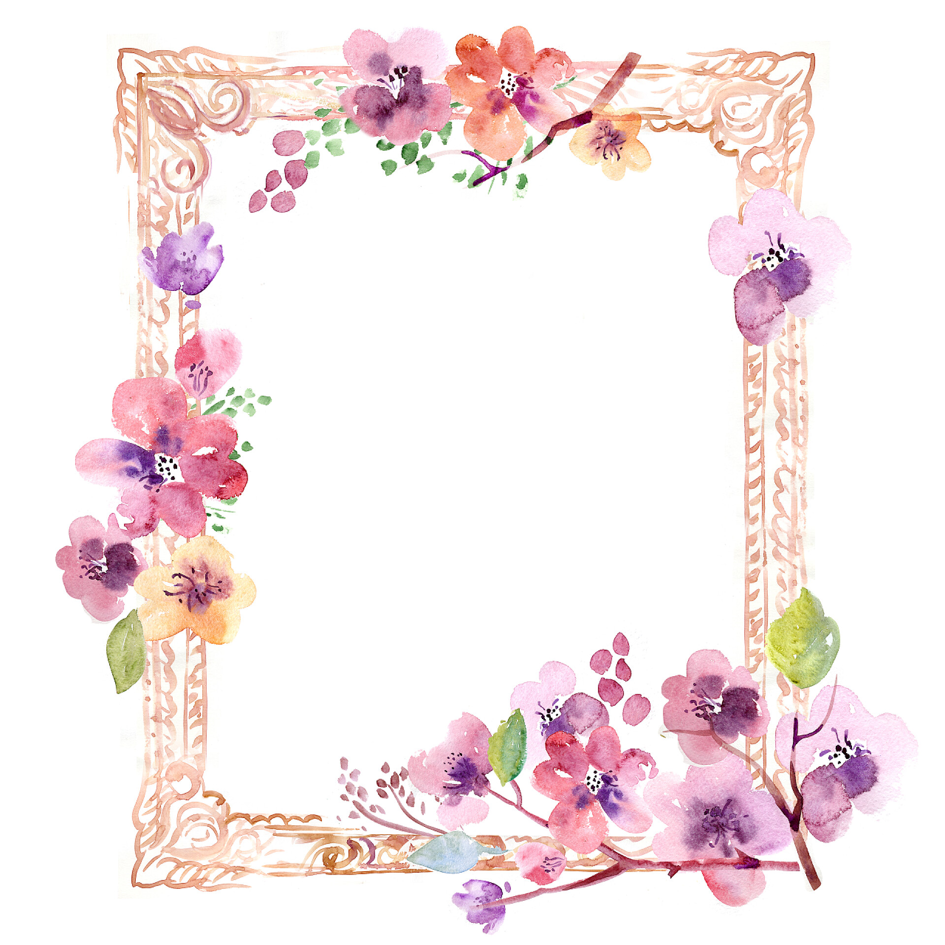 水彩花卉框架装饰与樱花水彩框架