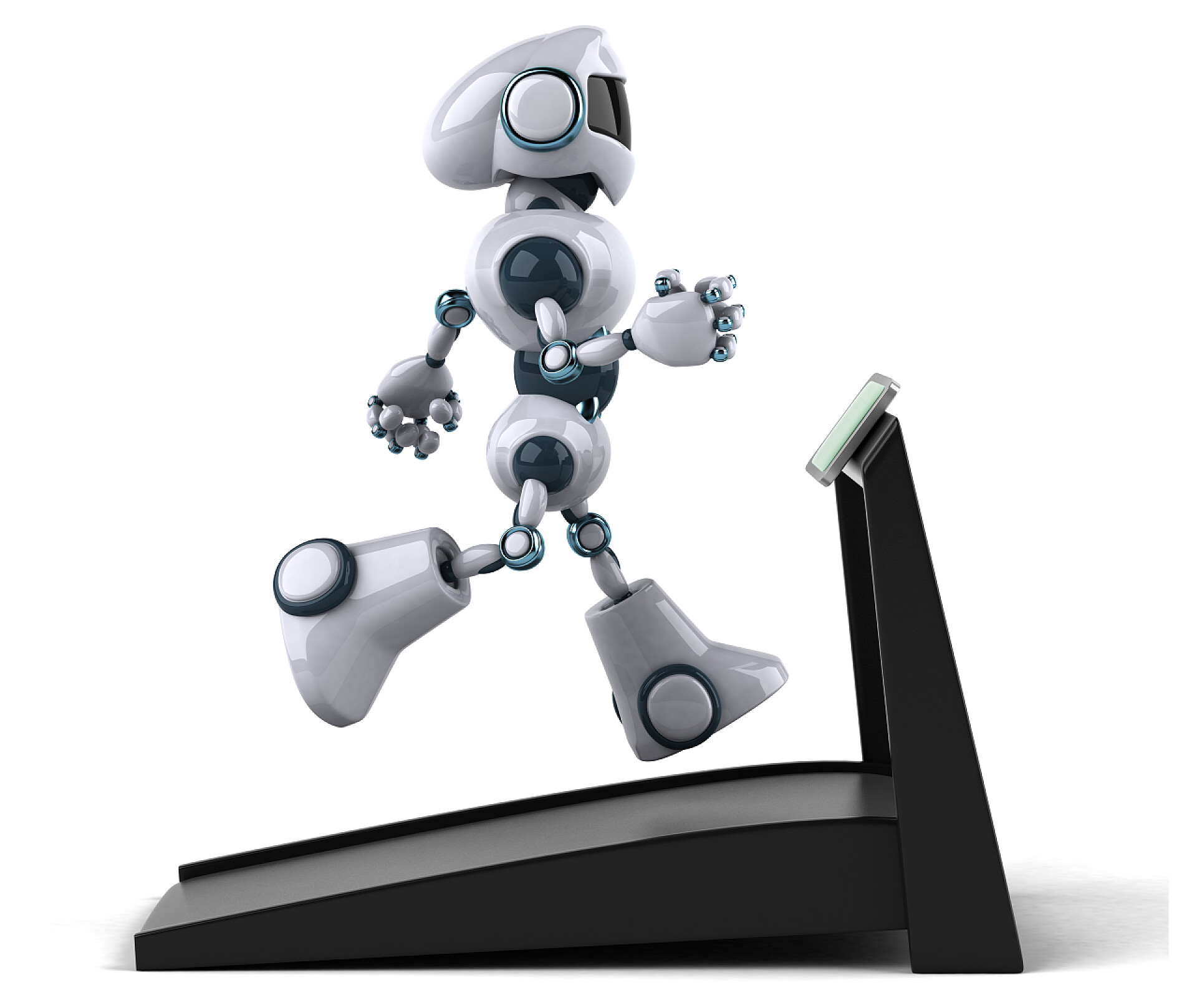 在白色背景上跑步的卡通机器人有趣的卡通机器人