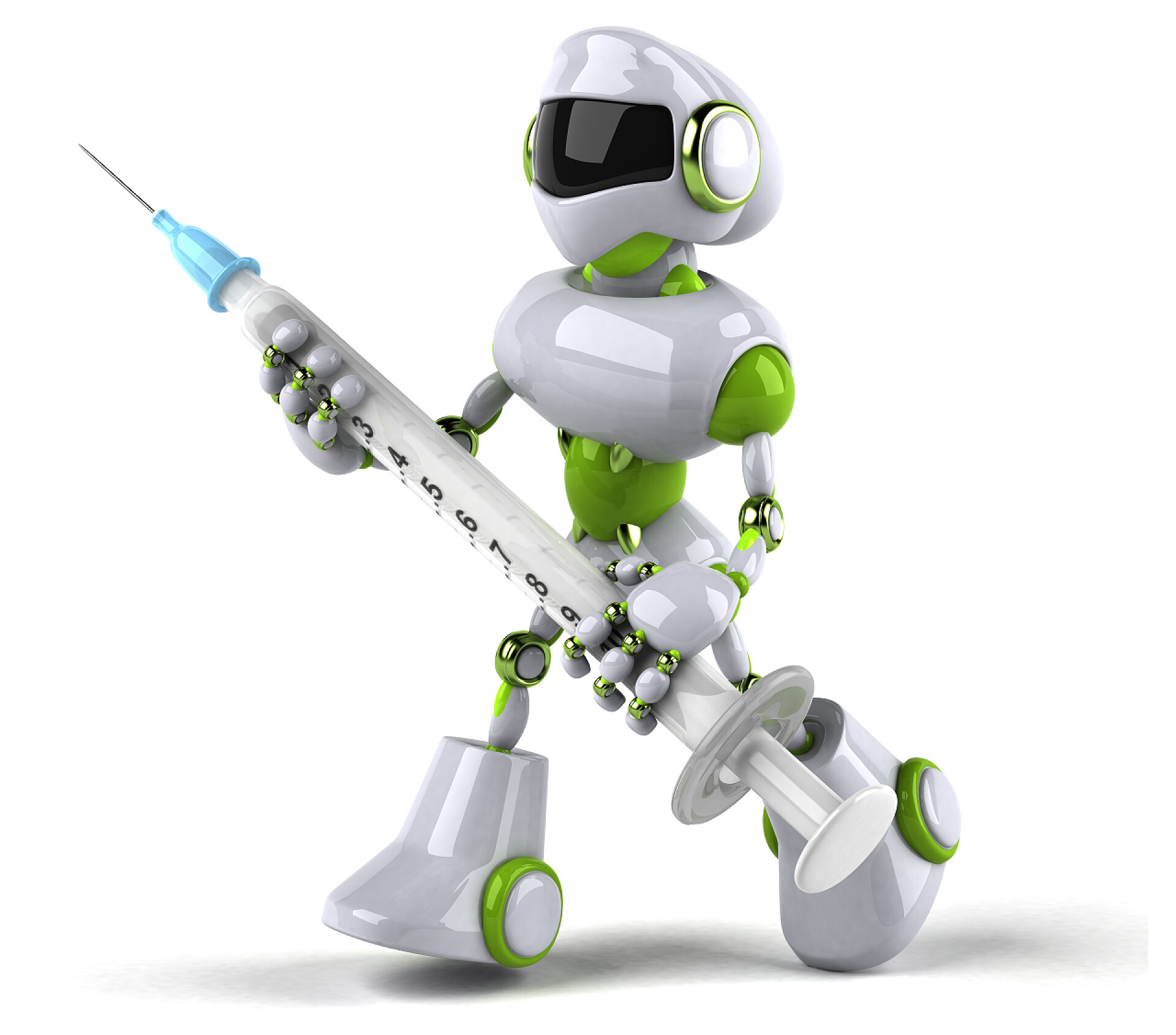 白色背景上手拿针管的机器人有趣的卡通机器人