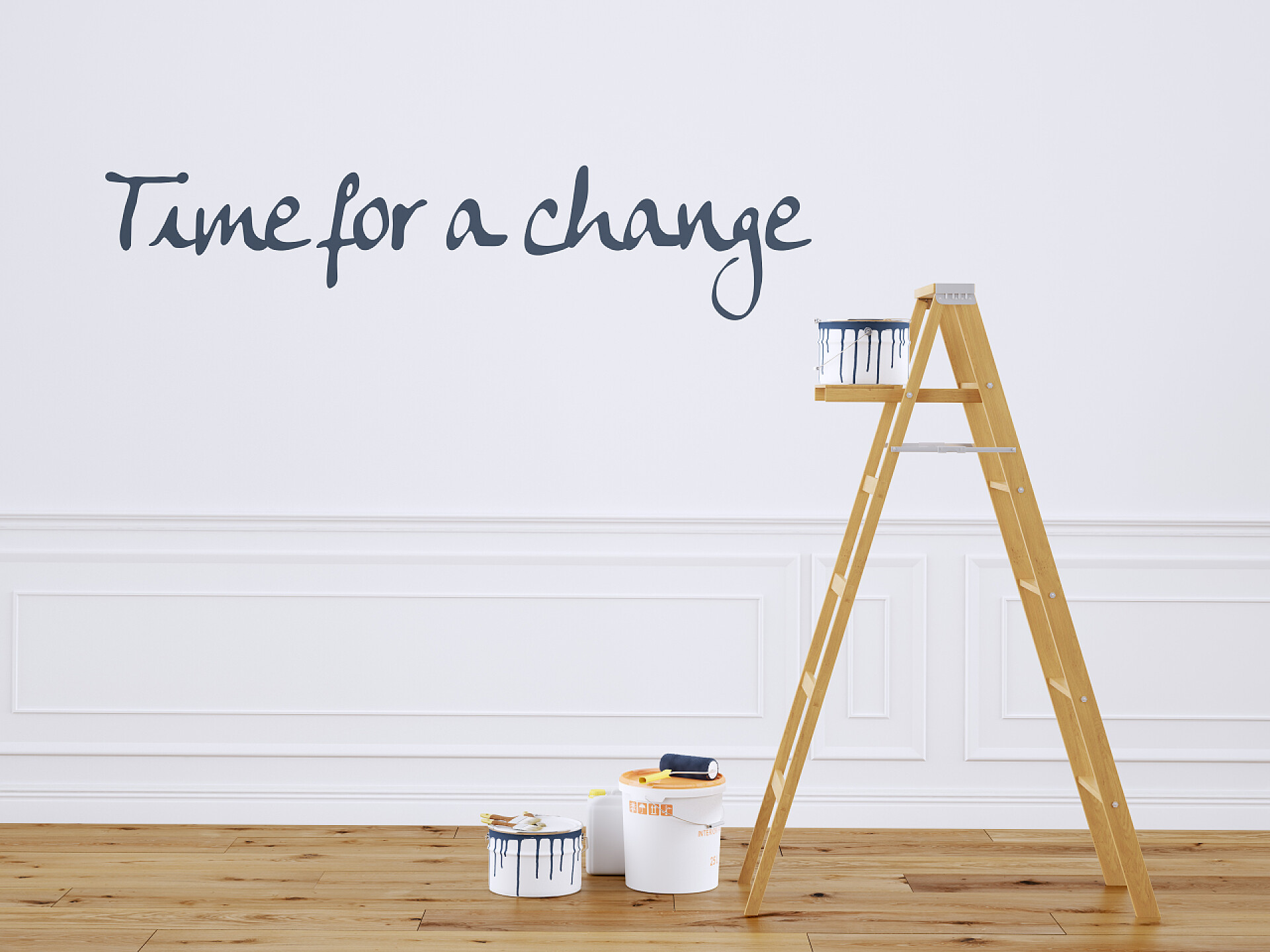 用梯子在房间里粉刷墙壁墙上绘画在梯子在装修的房间里。3d 渲染