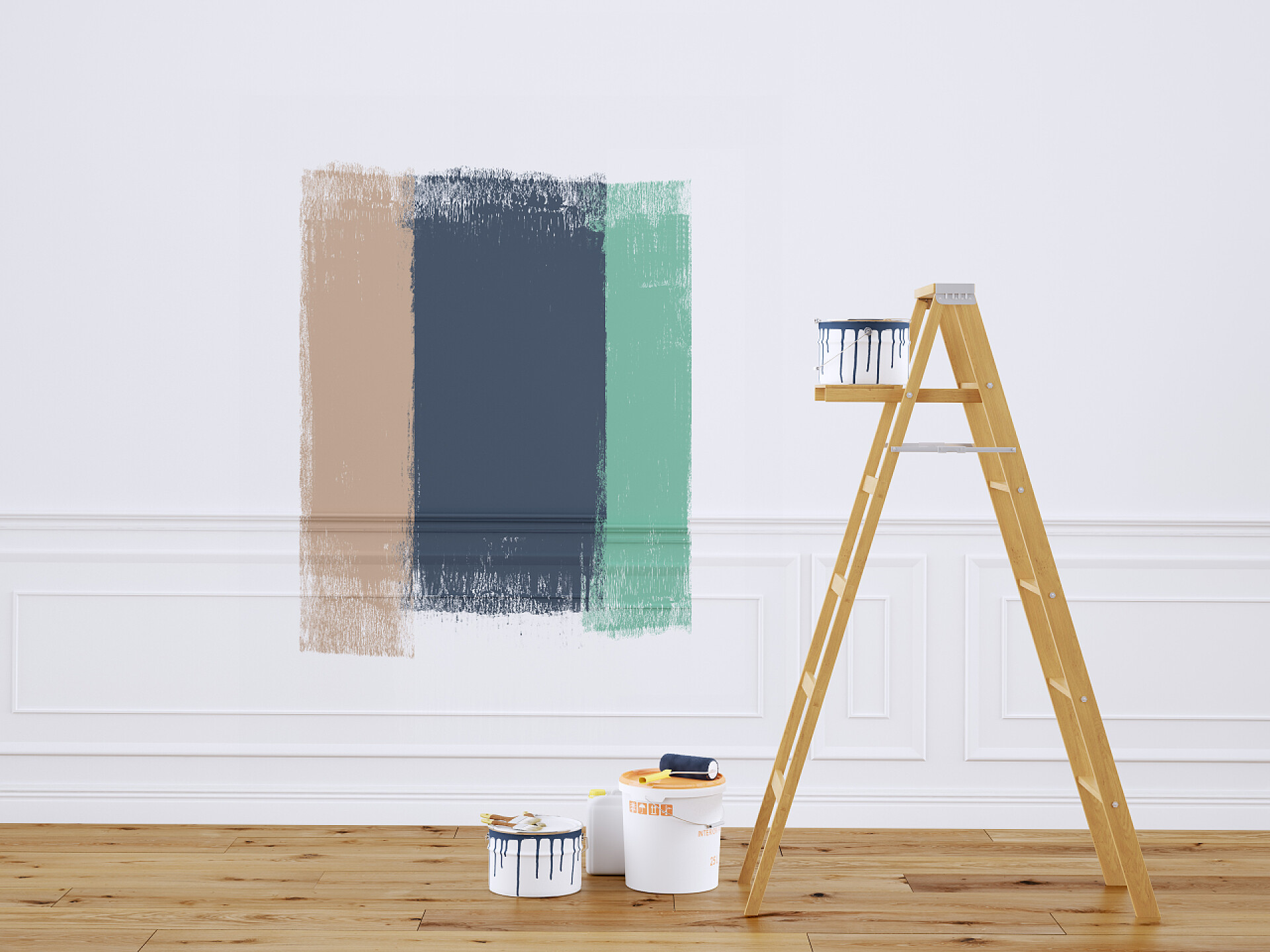 用梯子在房间里粉刷墙壁墙上绘画在梯子在装修的房间里。3d 渲染