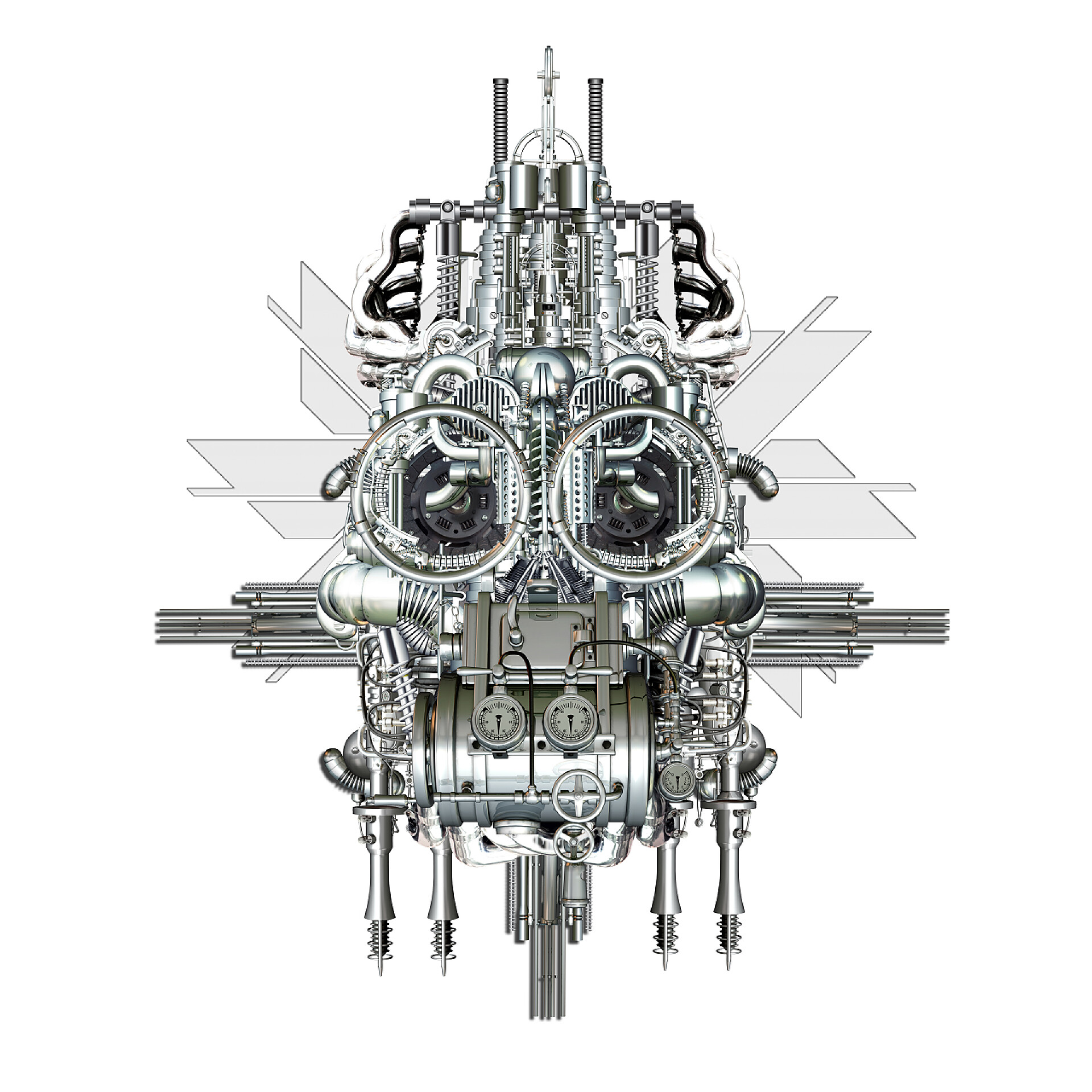 白色背景上金属零件组成的机器homo sympathicus