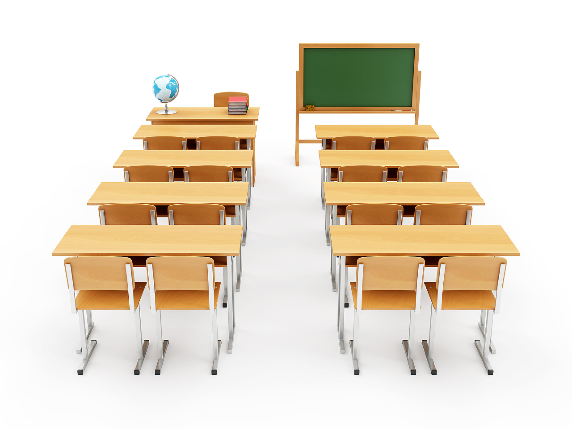 白色背景上的教室与便携式绿色黑板教室室内