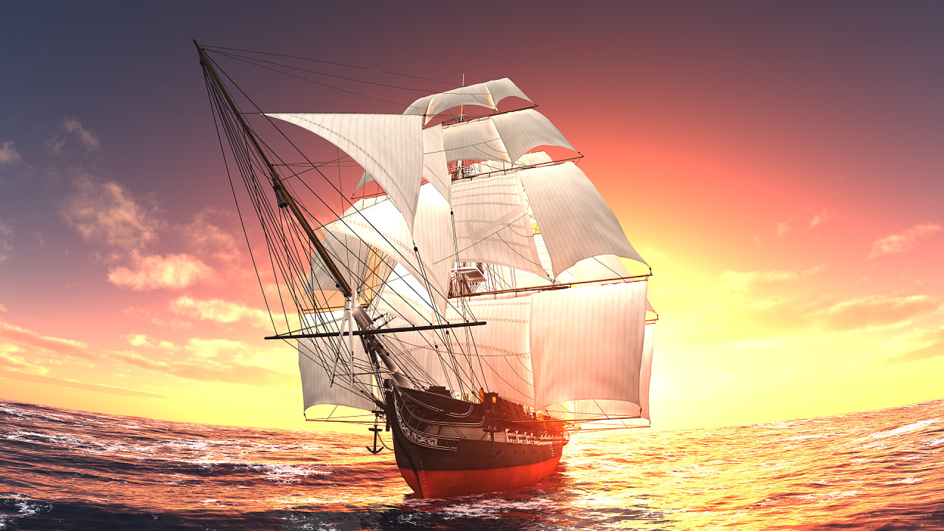 日出时在海里航行的帆船帆船