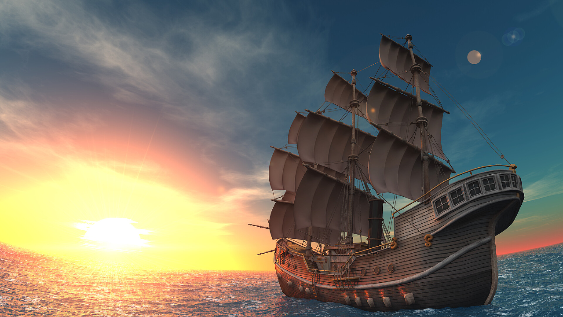 日出时在海里航行的帆船帆船