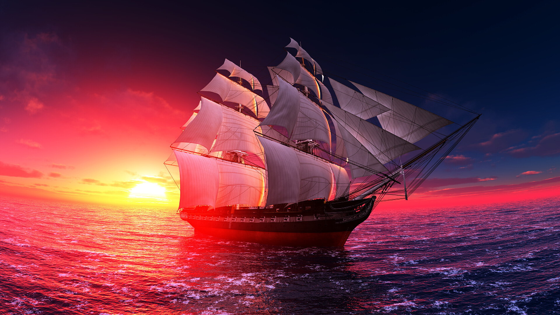 日出时在海里航行的帆船帆船